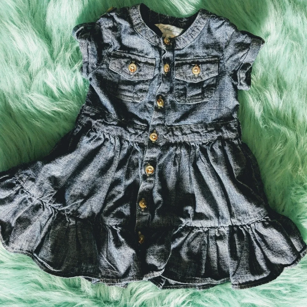 🍼🎀 Ralph Lauren Ruffled Blue Newborn Baby Girl Denim Dress Shortsleeved Outfit